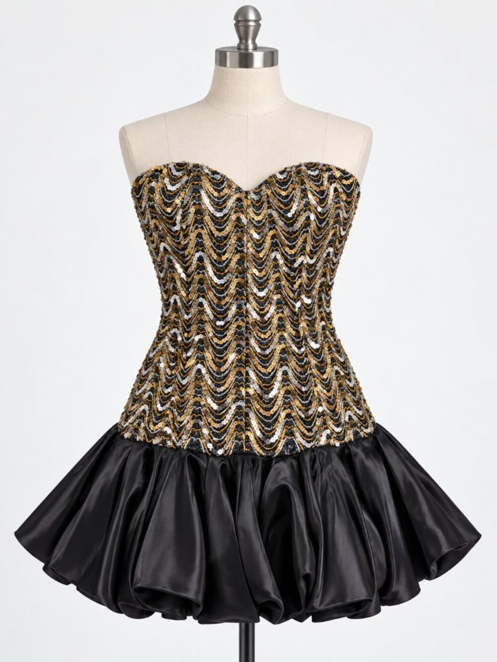 Black Gold Silver Sequin Strapless Sweetheart Formal Party Dress Satin Cocktail